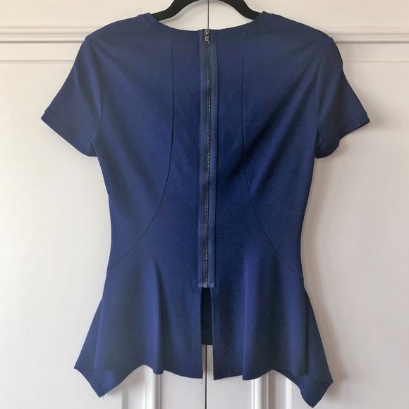 BCBGMaxAzria Deep Royal Blue "Scarlet" Back-Zip Peplum Short Sleeve Top - XXS - Picture 3 of 16